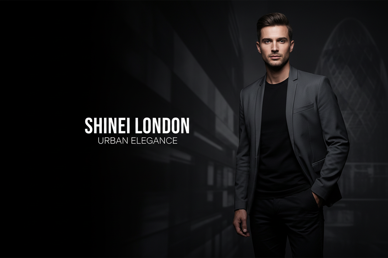Banner horizontal, estilo premium, com estética masculina moderna.
Fundo minimalista em tons preto, grafite ou cinza profundo.
Modelo masculino estiloso, com expressão confiante, usando roupa urbana elegante (camiseta lisa preta ou branca, jaqueta minimalista, calça slim).
Iluminação suave e dramática, com contraste forte.
Elementos visuais inspirados em Londres: leve detalhe de skyline desfocado ou textura urbana sofisticada.
Tipografia clean e moderna no canto esquerdo: “SHINEI LONDON”.
Subtítulo elegante